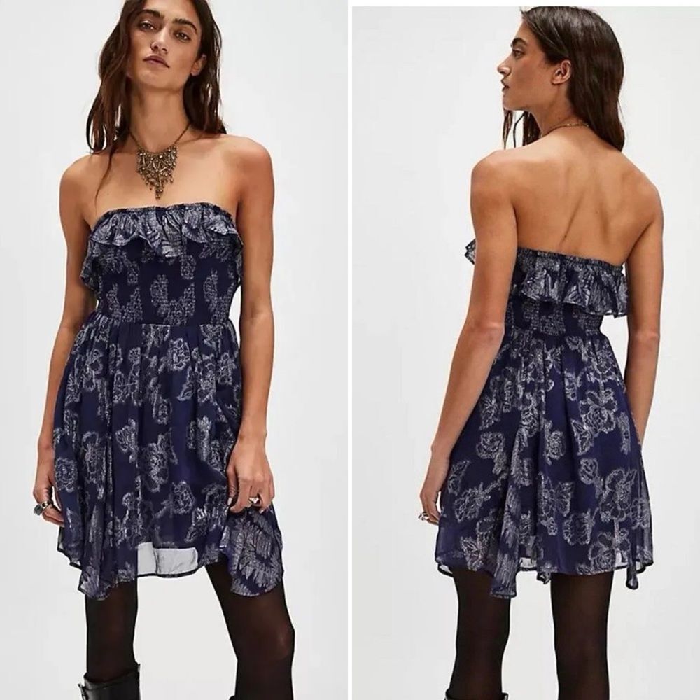 Free People Gardenia Jacquard Mini Dress Ruffle Blue M